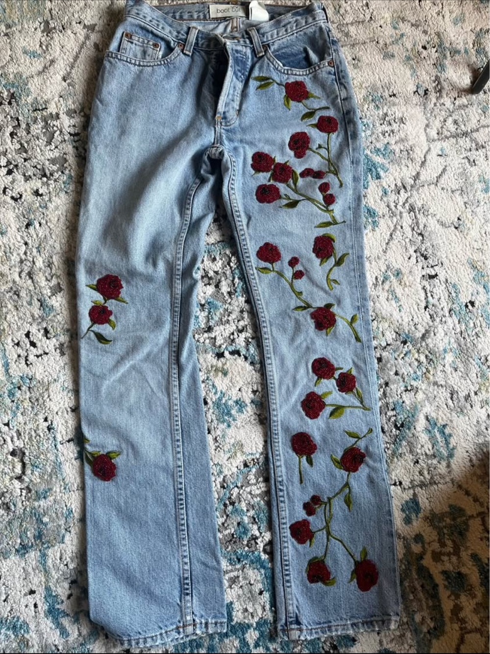 Boat Light Blue Wide Leg Jeans with Red Rose Embroidery